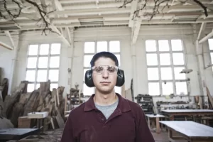 Man wearing hearing protection in a noisy workplace